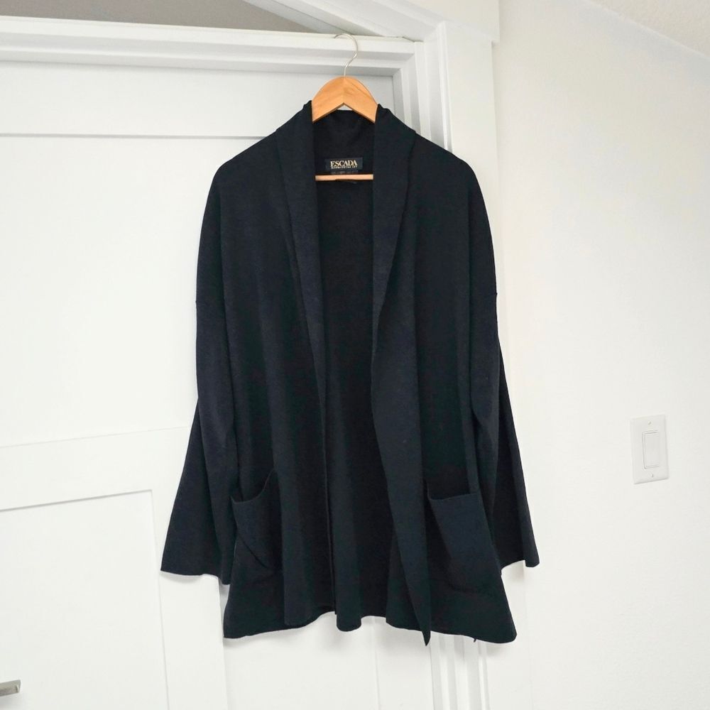 Escada 90s Wool Long Open Duster Shawl Cardigan in Black
